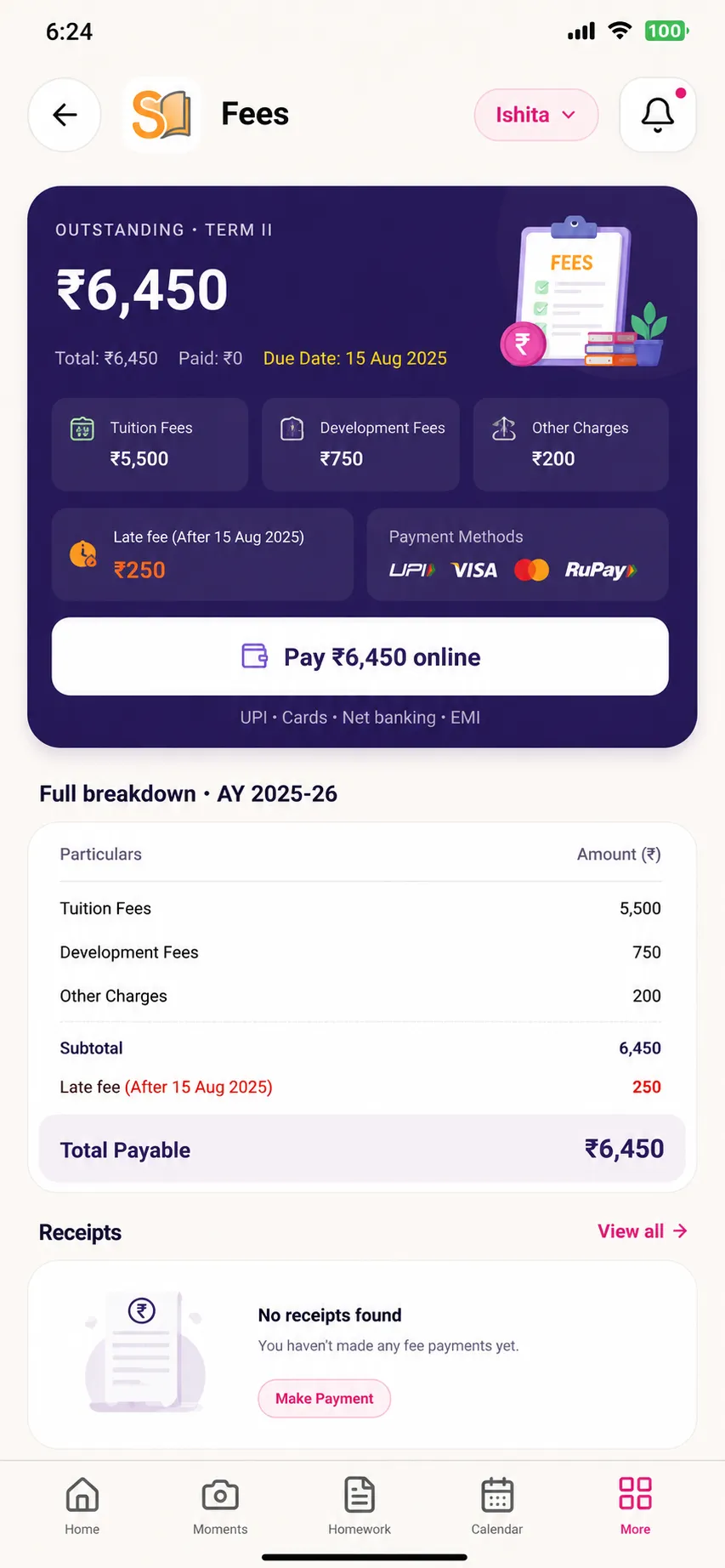 SchoolWay Cashfree online payment gateway showing UPI, card and net banking fee payment